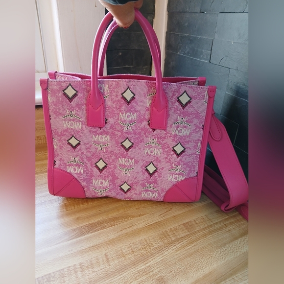 MCM Pink Denim EUC Tote W/Guitar Strap - Picture 4 of 8